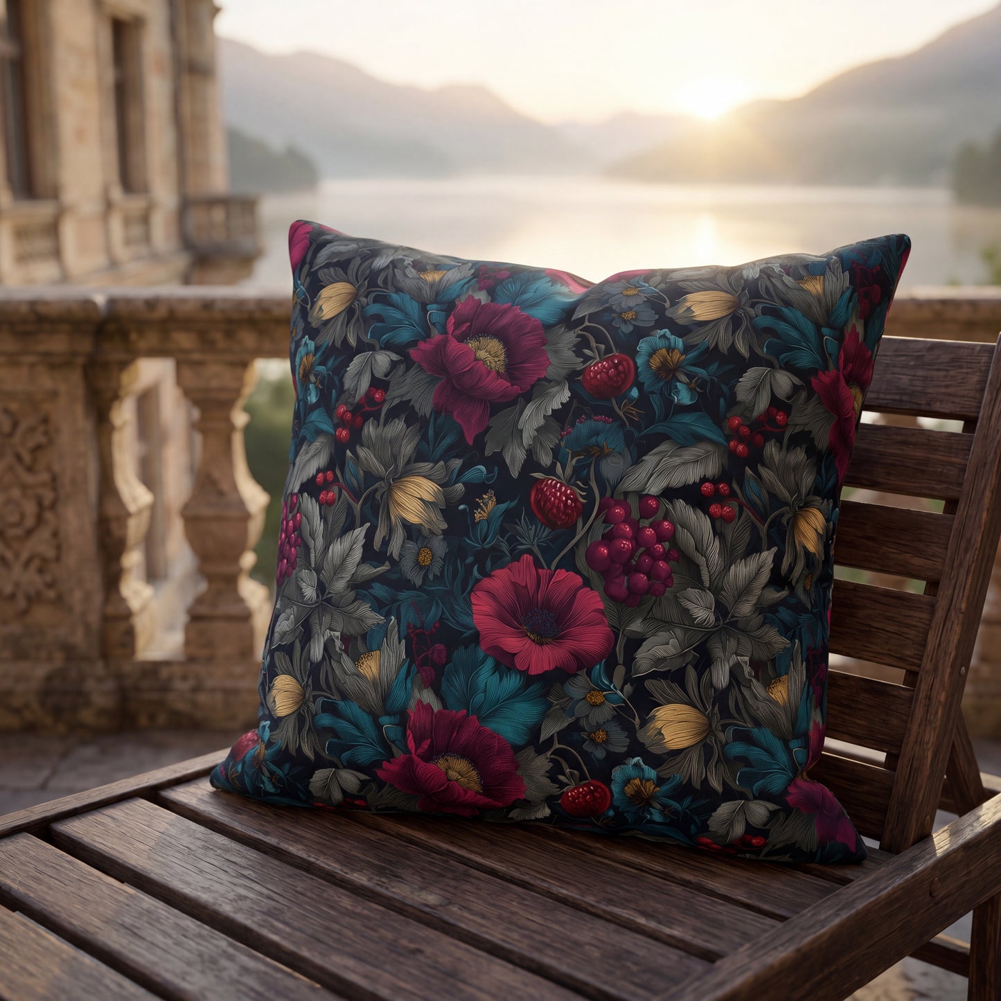 Outdoor Pillow Burgundy Poppy Teal Floral | Gothic Botanical Garden Decor