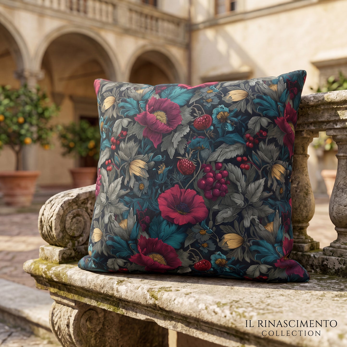 Outdoor Pillow Burgundy Poppy Teal Floral | Gothic Botanical Garden Decor