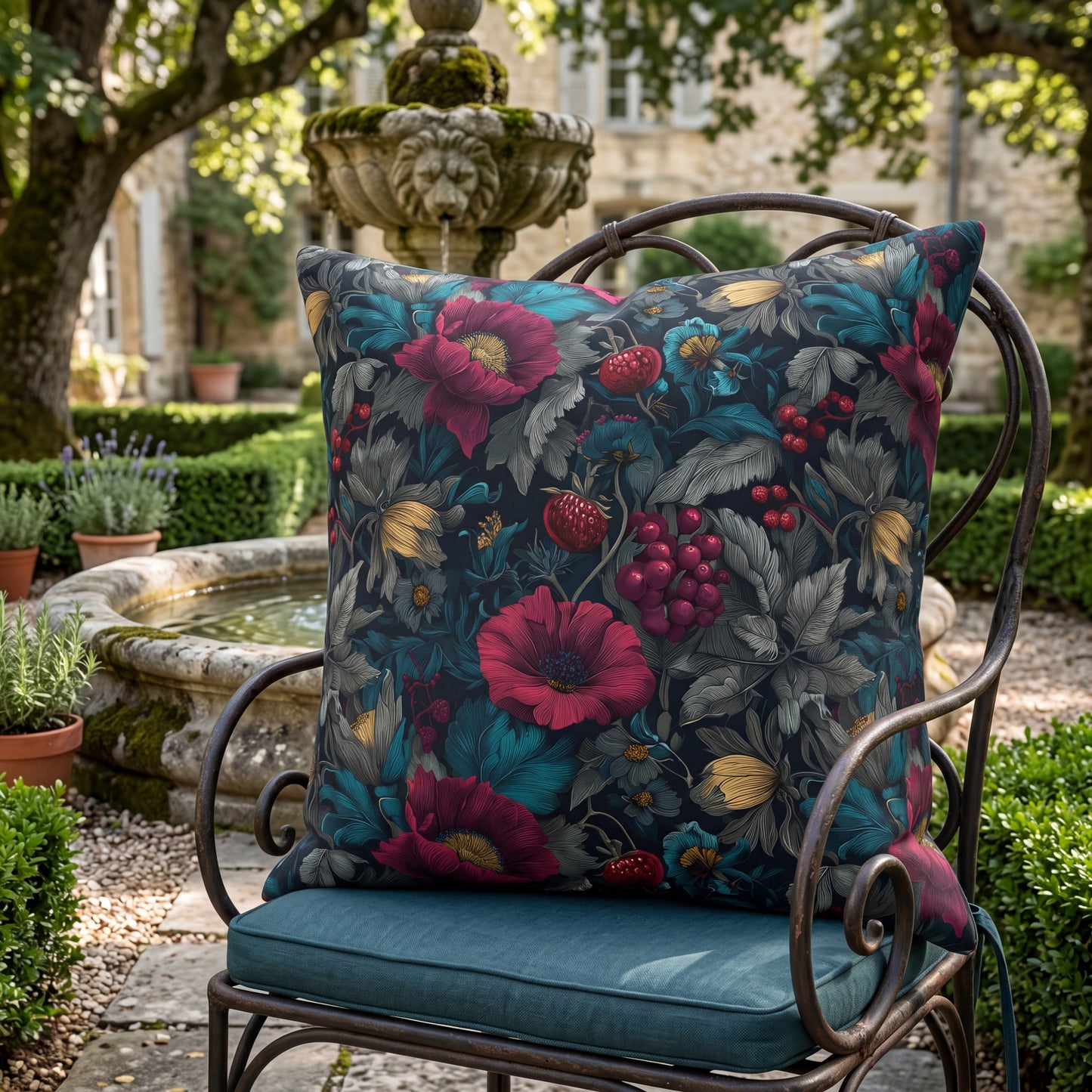 Outdoor Pillow Burgundy Poppy Teal Floral | Gothic Botanical Garden Decor