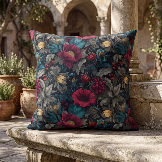 Outdoor Pillow Burgundy Poppy Teal Floral | Gothic Botanical Garden Decor