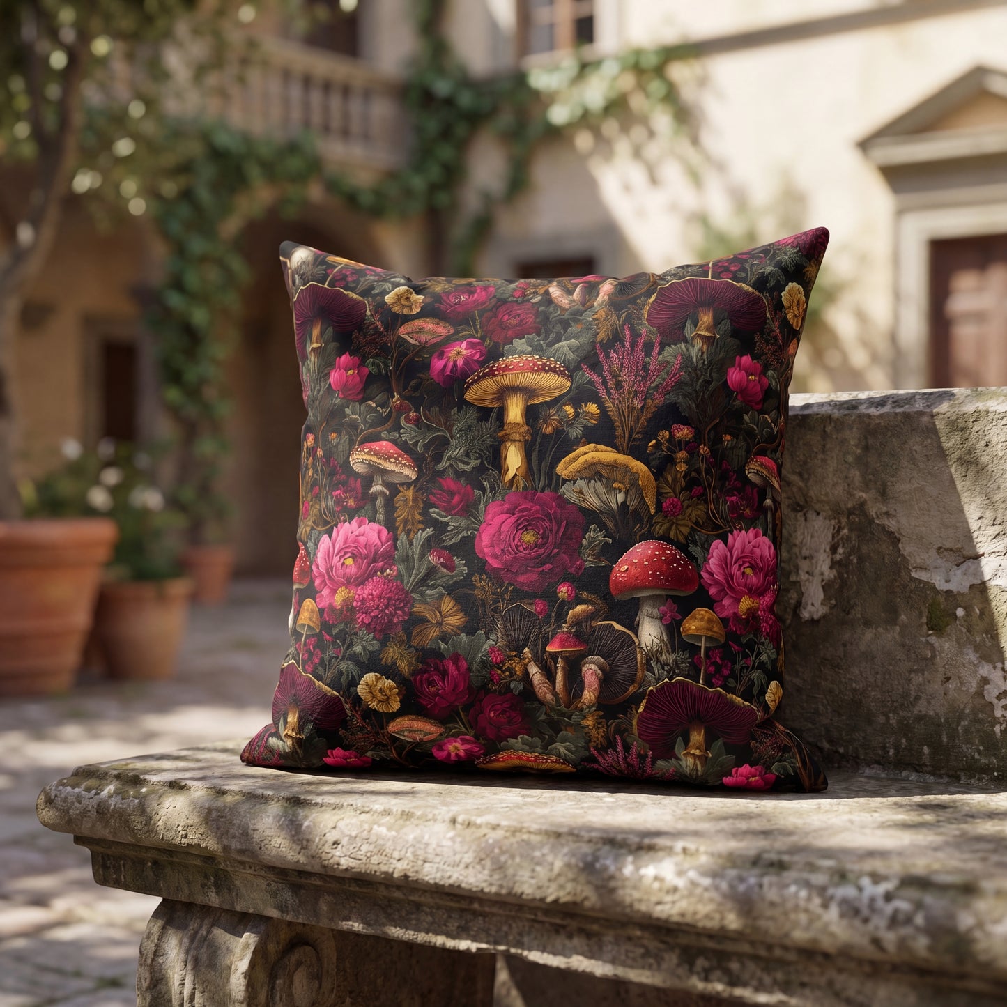 Outdoor Pillow Gothic Mushroom Botanical | Water Resistant Patio Cushion | Whimsigoth Garden
