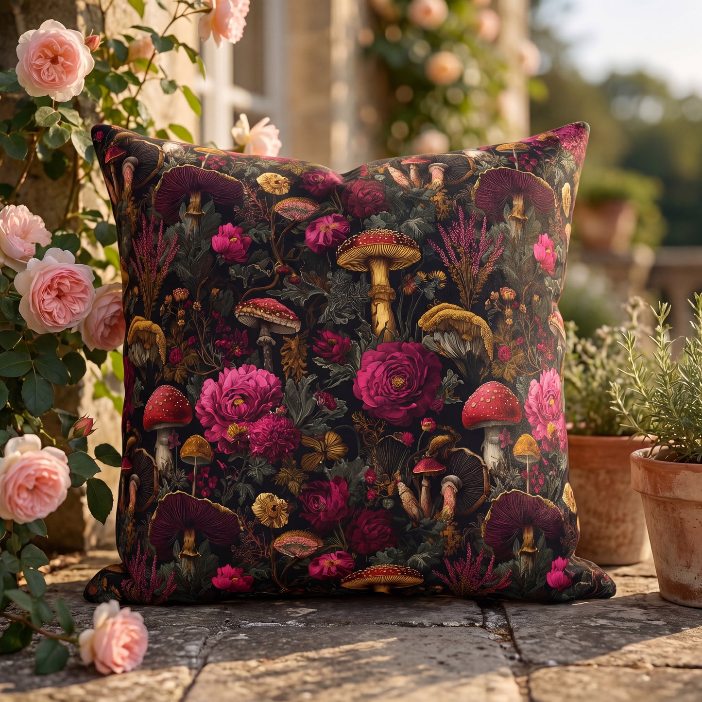Outdoor Pillow Gothic Mushroom Botanical | Water Resistant Patio Cushion | Whimsigoth Garden