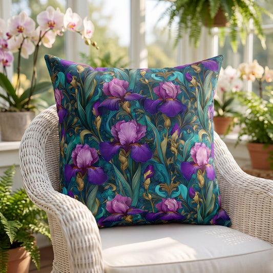 Outdoor Pillow Purple Iris Art Nouveau | Water Resistant Patio Cushion | Cottage Core Garden