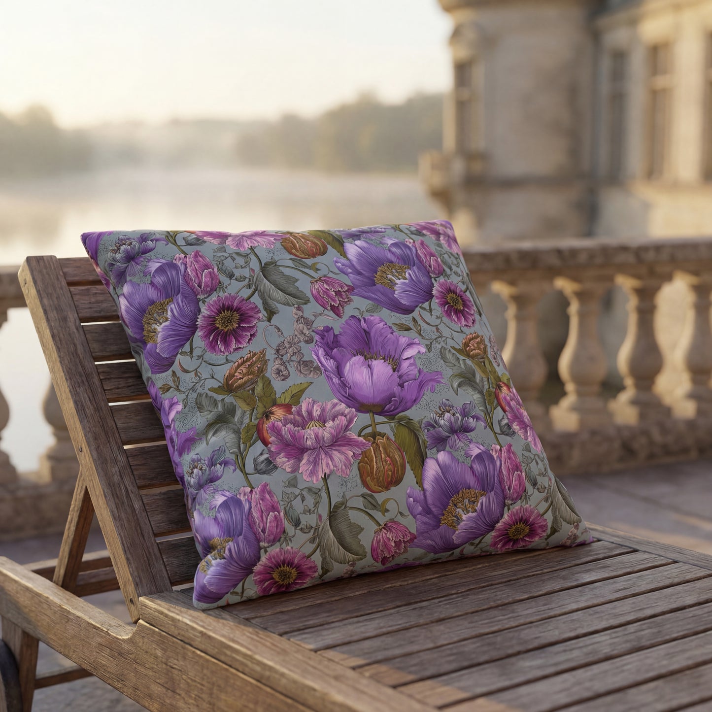 Outdoor Pillow Purple Rococo Botanical Teal | English Garden Patio Decor