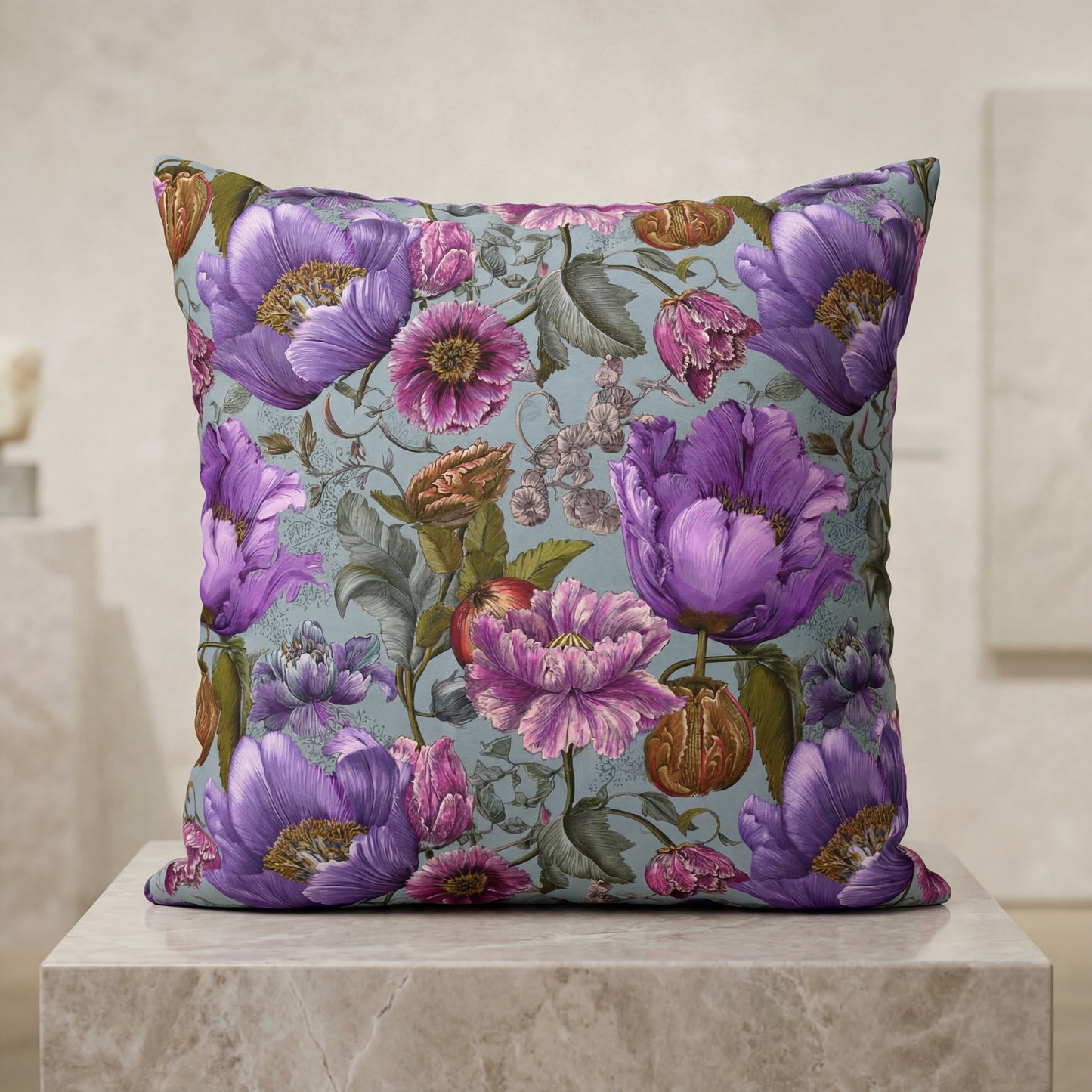 Outdoor Pillow Purple Rococo Botanical Teal | English Garden Patio Decor