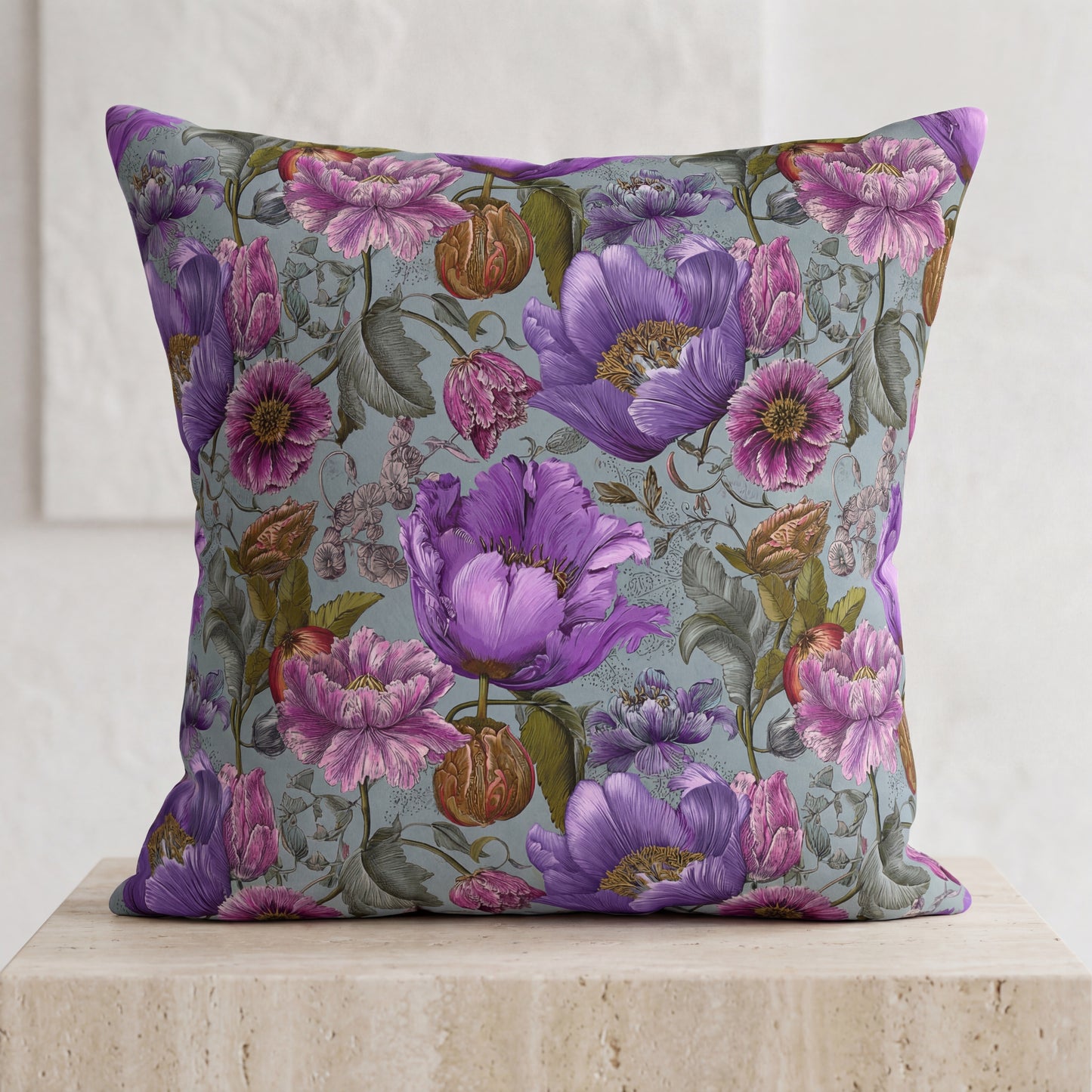 Outdoor Pillow Purple Rococo Botanical Teal | English Garden Patio Decor
