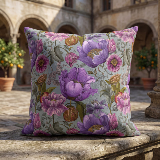 Outdoor Pillow Purple Rococo Botanical Teal | English Garden Patio Decor