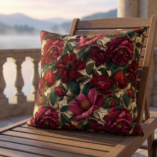 Burgundy Peony Outdoor Pillow | Water-Resistant Cottage Core Cushion