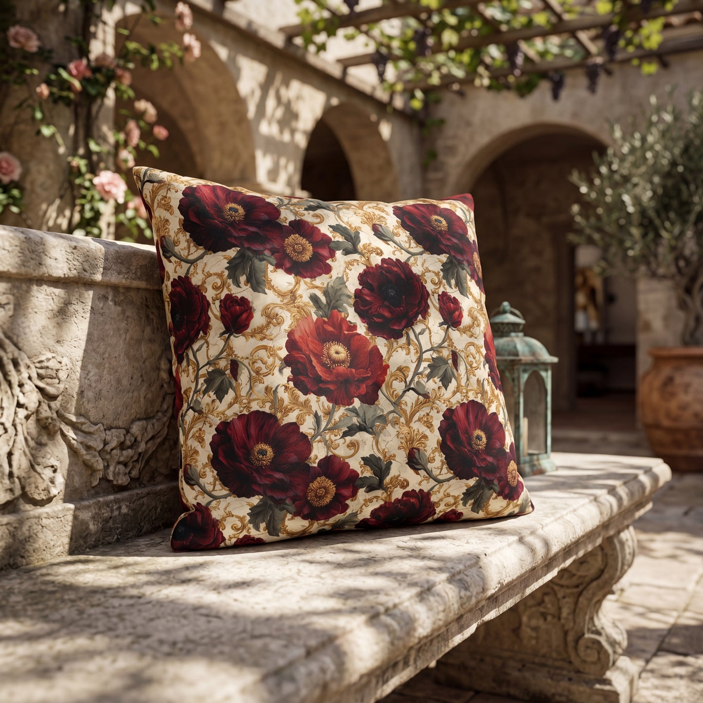 Outdoor Pillow Crimson Poppy Gold Baroque | Grandmillennial Garden Cushions