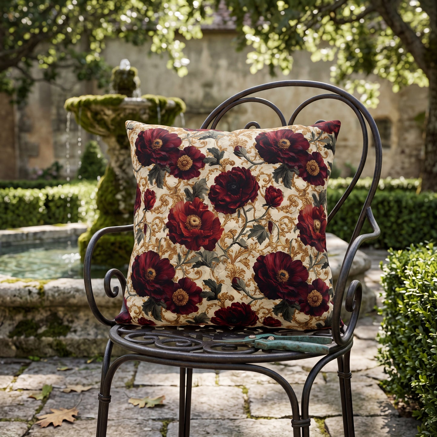 Outdoor Pillow Crimson Poppy Gold Baroque | Grandmillennial Garden Cushions