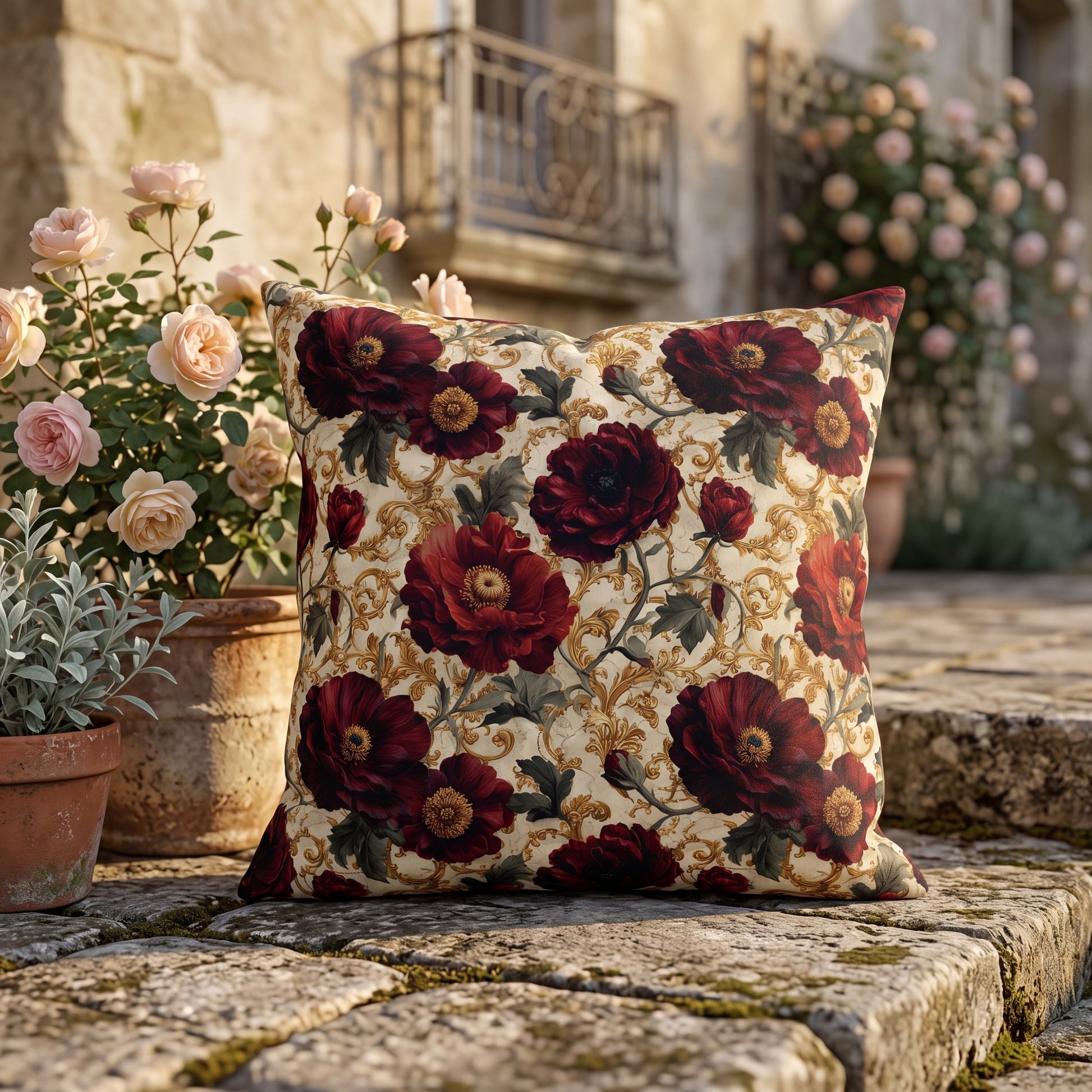 Floral-patterned pillow on a stone surface with flowers and a building in the background