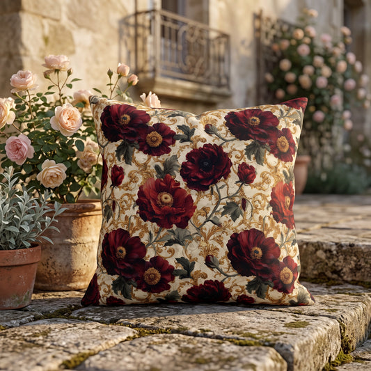 Floral-patterned pillow on a stone surface with flowers and a building in the background