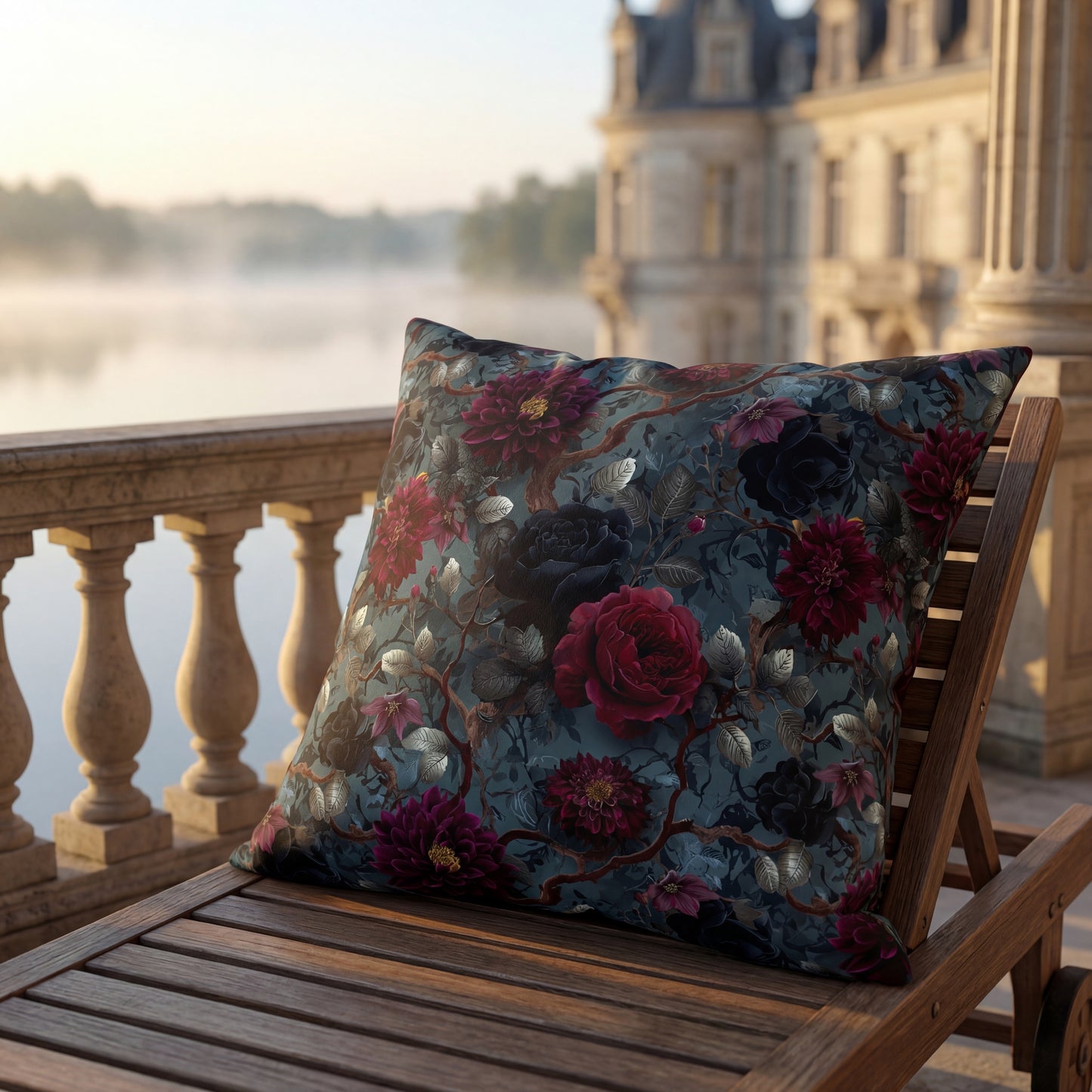 Dark Romantic Roses Outdoor Pillow | Moody Floral Pattern, Garden Decor