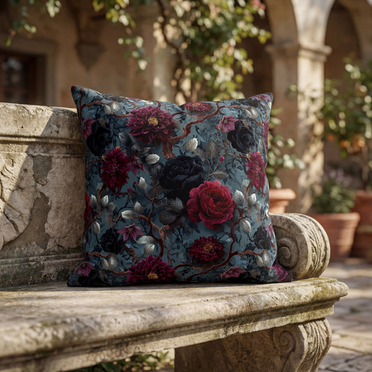 Dark Romantic Roses Outdoor Pillow | Moody Floral Pattern, Garden Decor