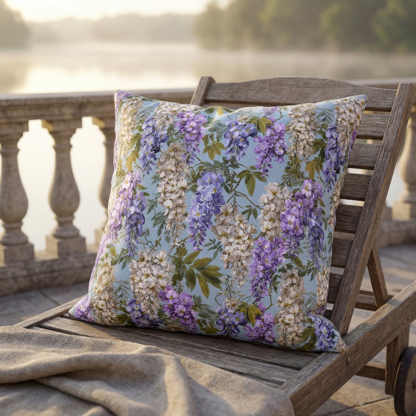 Wisteria Floral Print Outdoor Pillow with Insert| Purple Blue Hanging Flowers Lumbar