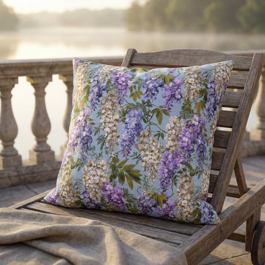 Wisteria Floral Print Outdoor Pillow with Insert| Purple Blue Hanging Flowers Lumbar