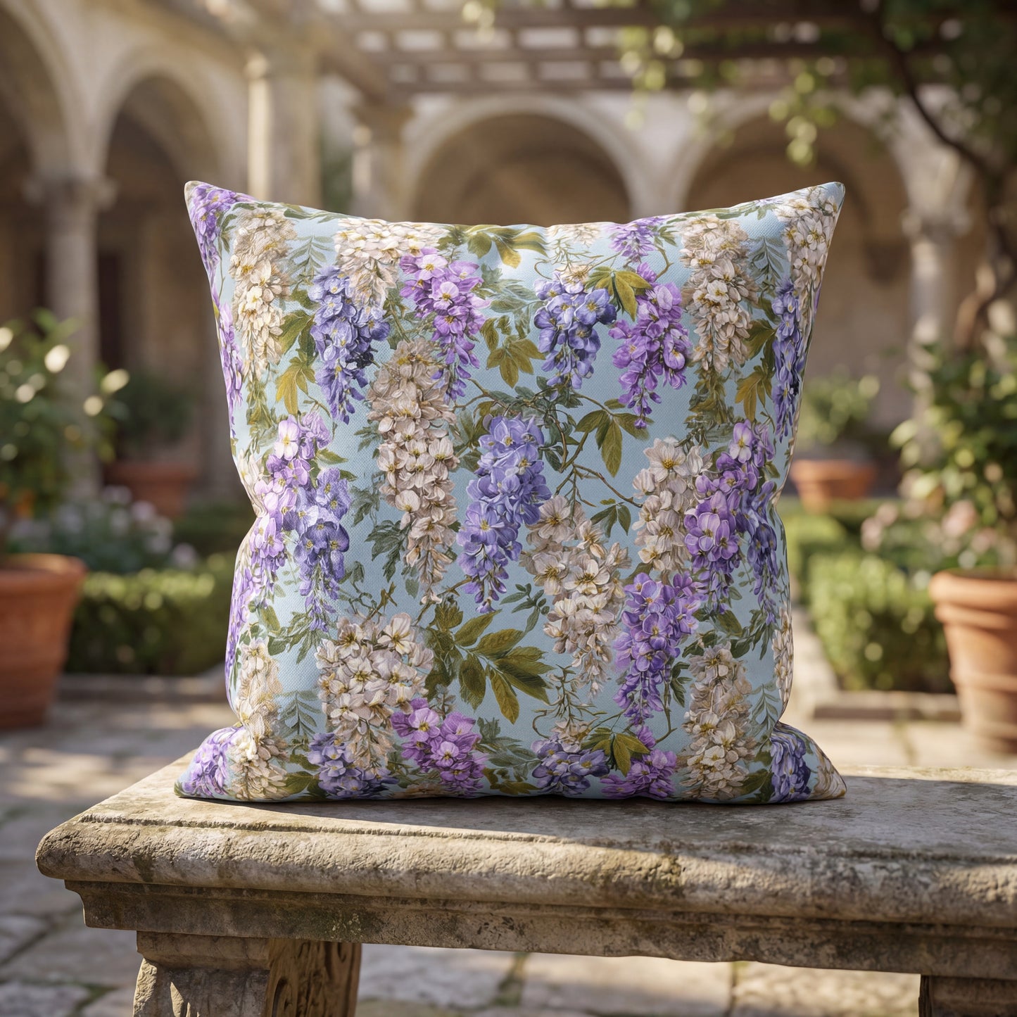 Wisteria Floral Print Outdoor Pillow with Insert| Purple Blue Hanging Flowers Lumbar