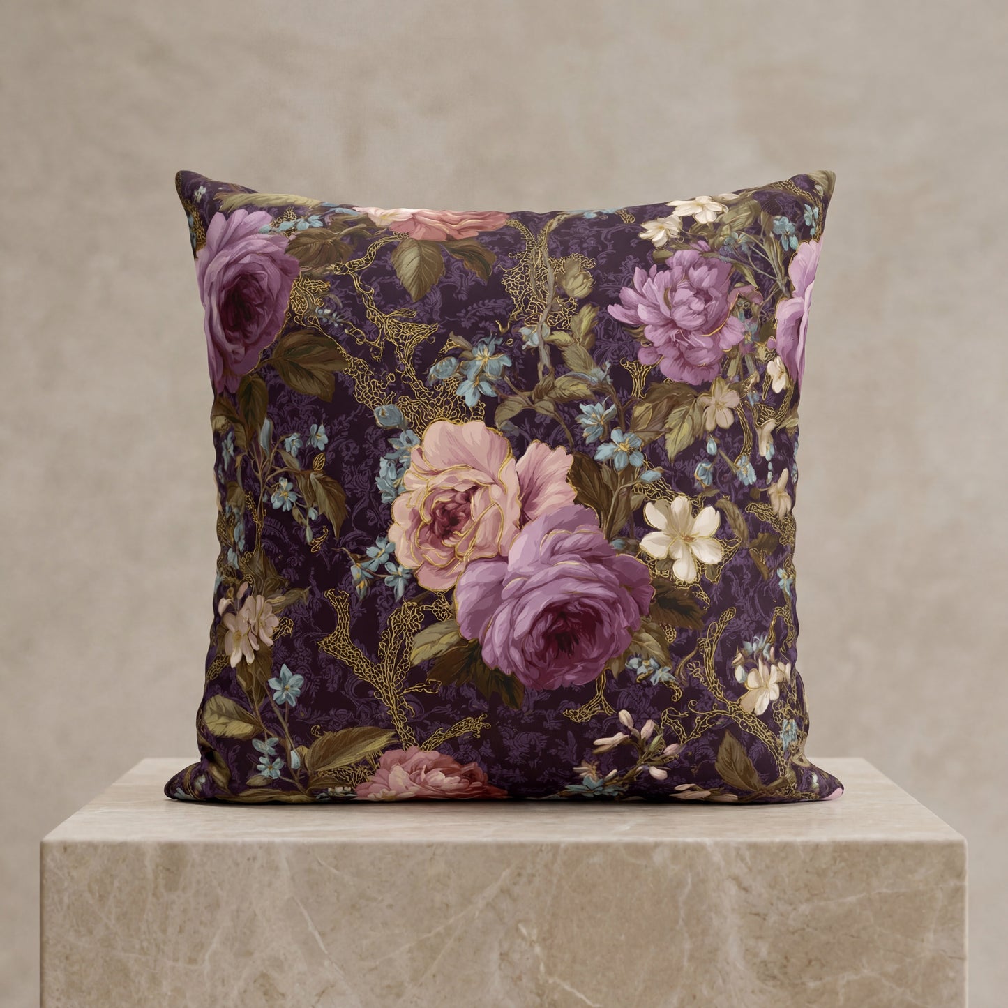Vintage Purple Rose Floral Outdoor Pillow | Purple Garden Pattern Accent