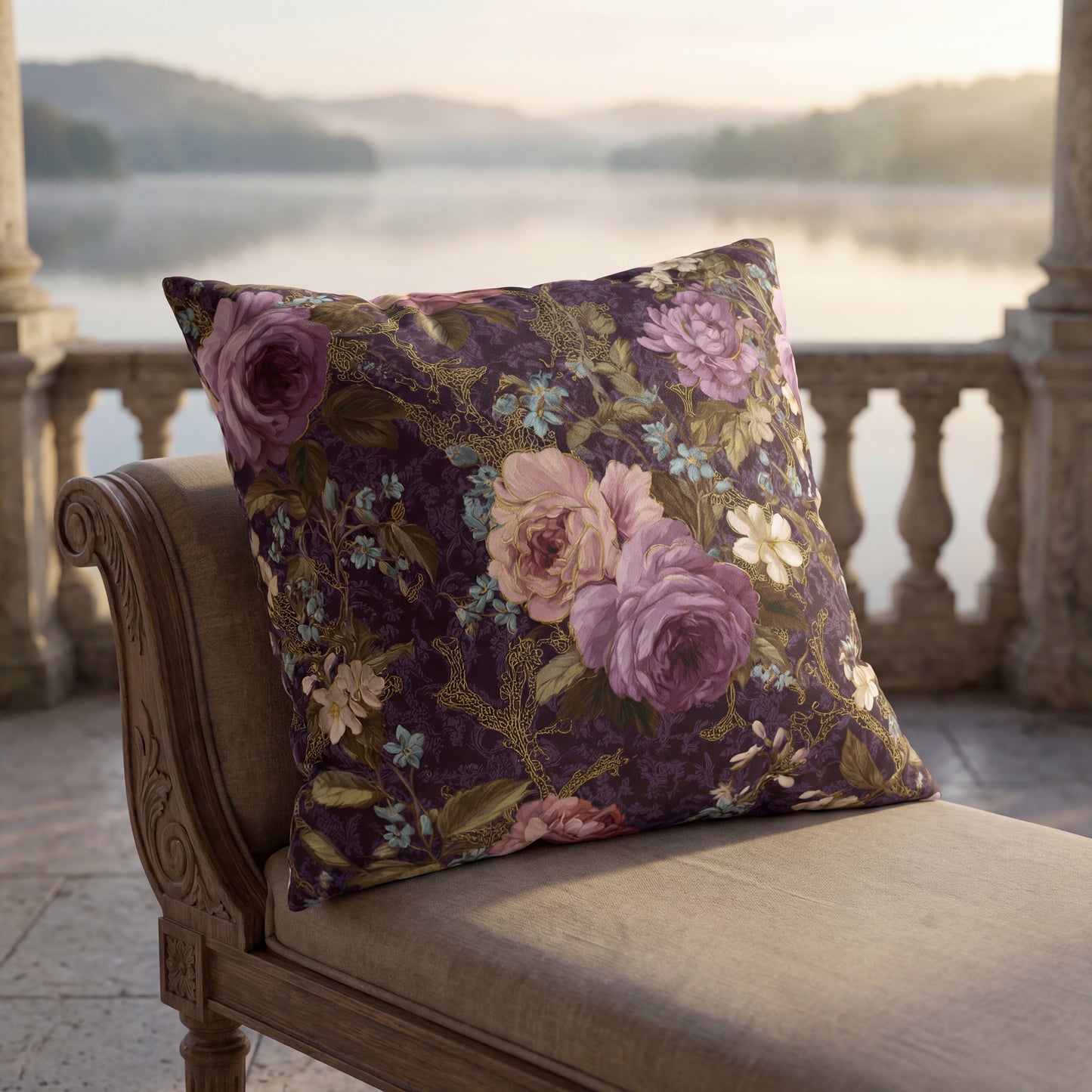 Vintage Purple Rose Floral Outdoor Pillow | Purple Garden Pattern Accent