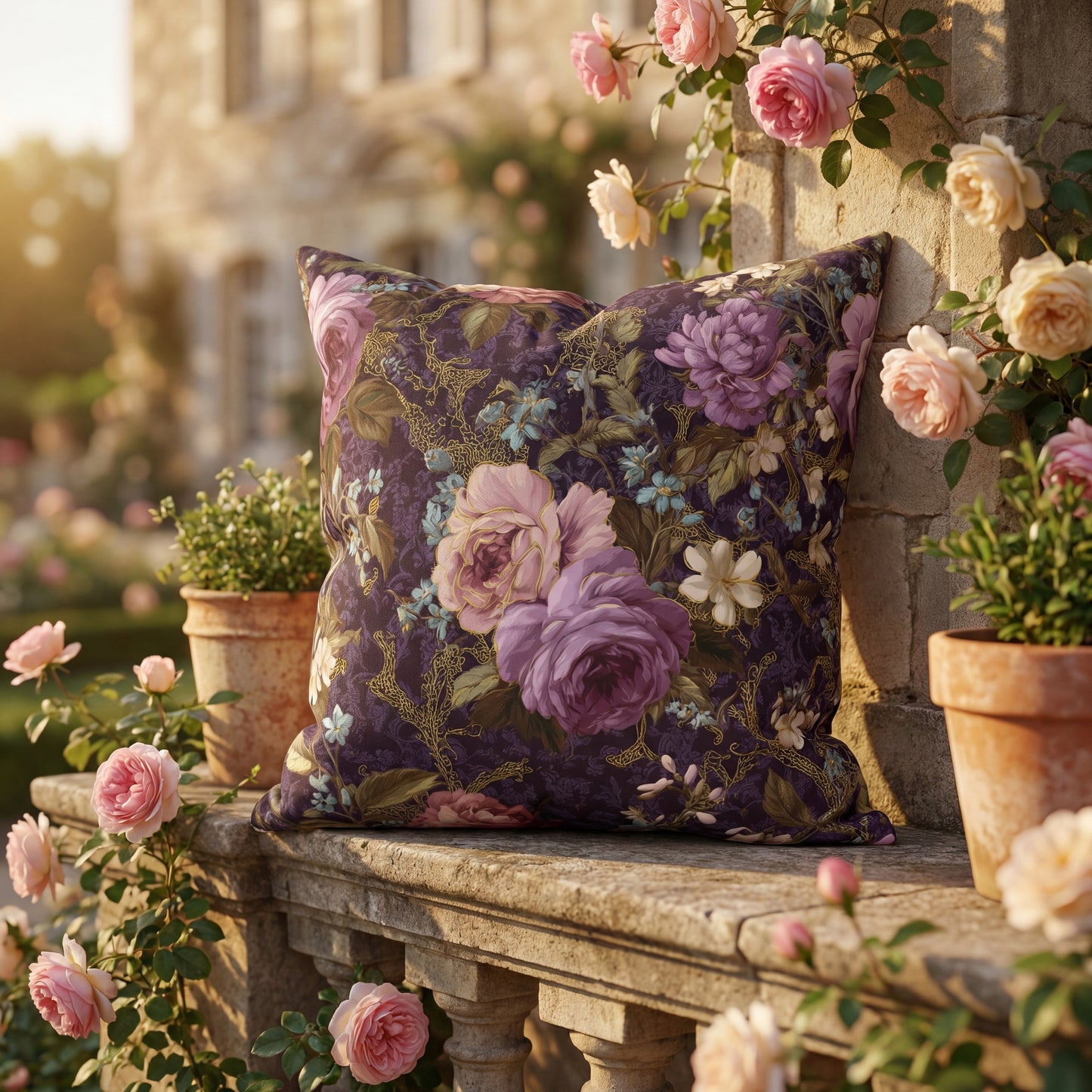 Floral-patterned pillow on a stone ledge with flowers and pots in the background