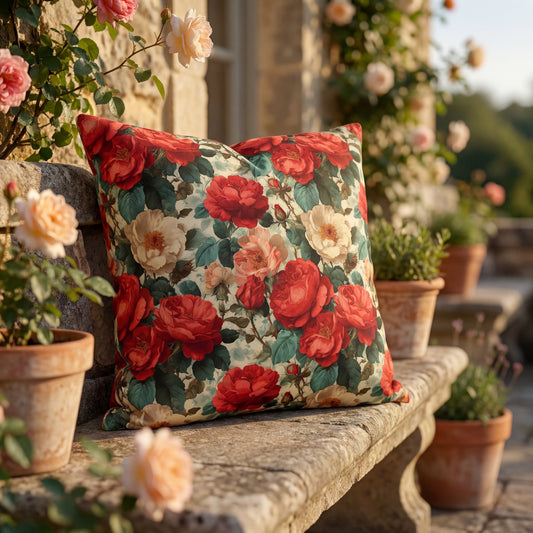 Outdoor Pillow  Cottage Core Carmen Red Rose Botanical Decor