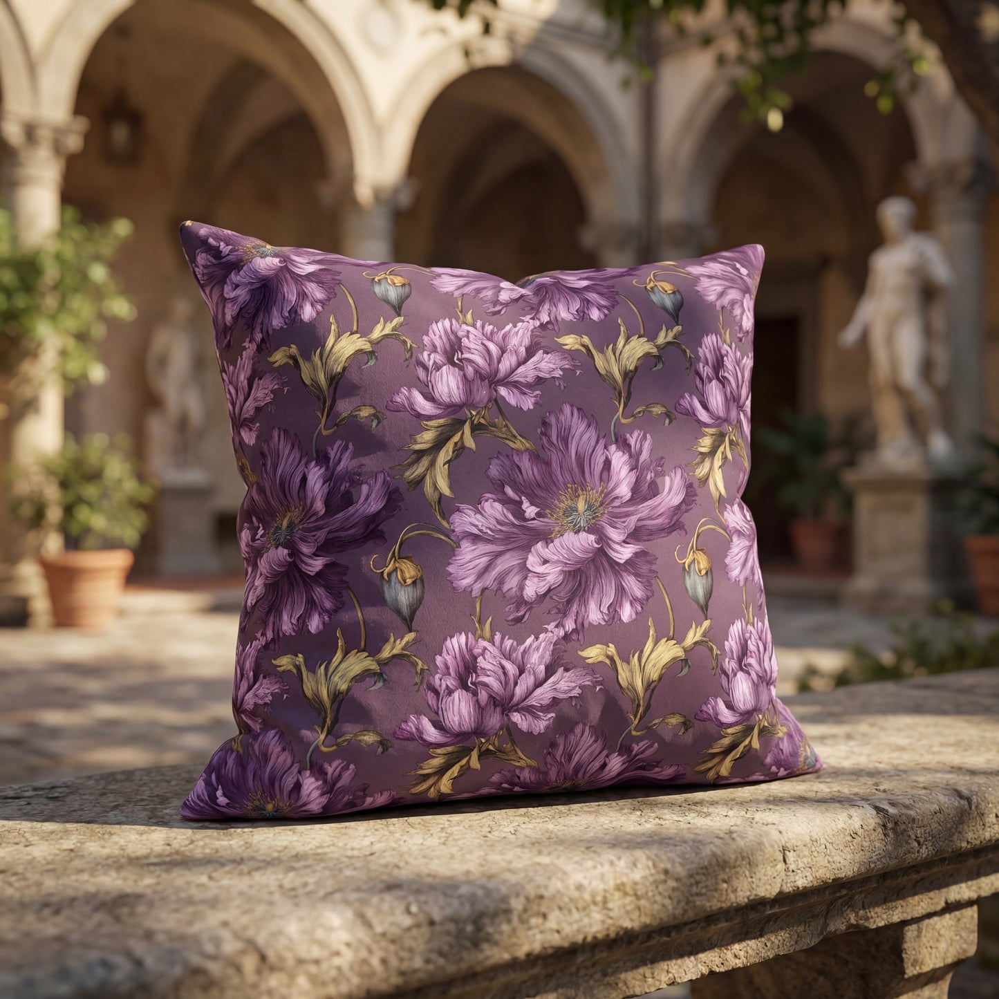 Outdoor Pillow Purple Clematis Victorian | Dark Floral Garden Patio Decor