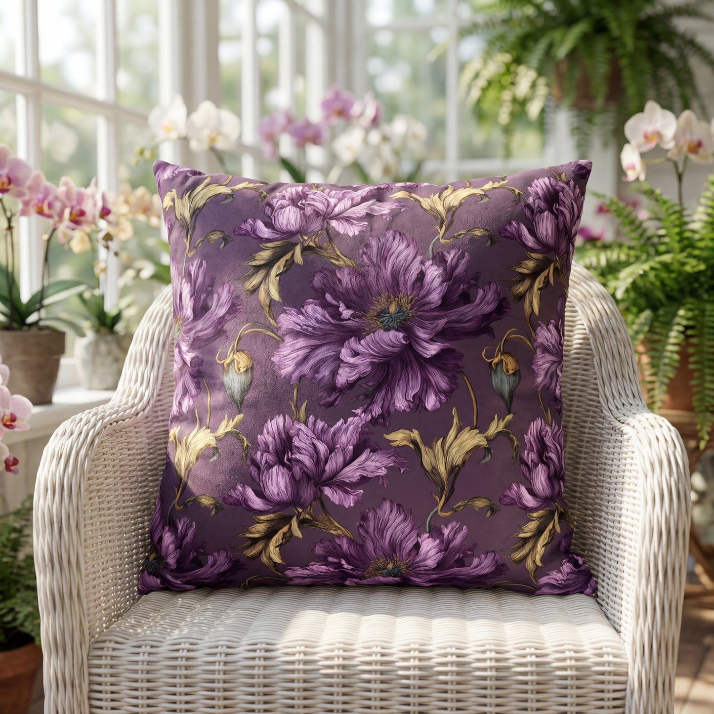 Outdoor Pillow Purple Clematis Victorian | Dark Floral Garden Patio Decor