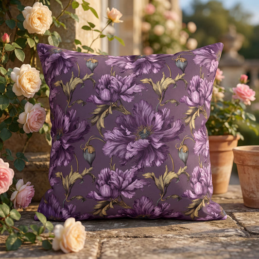 Outdoor Pillow Purple Clematis Victorian | Dark Floral Garden Patio Decor