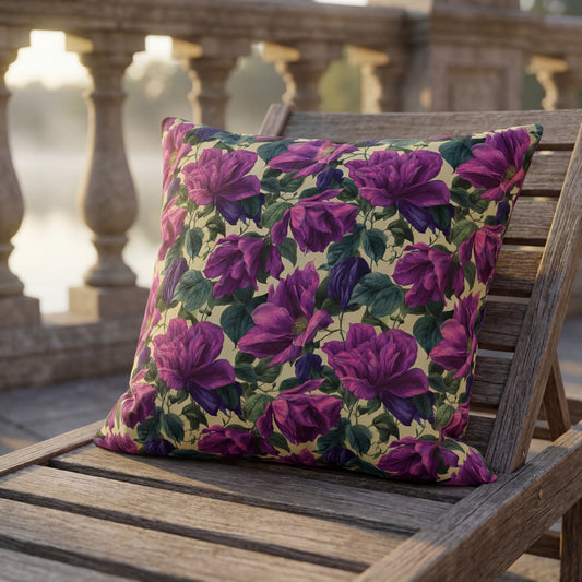 Outdoor Pillow Purple Clematis Cream | Romantic Botanical Patio Cushion