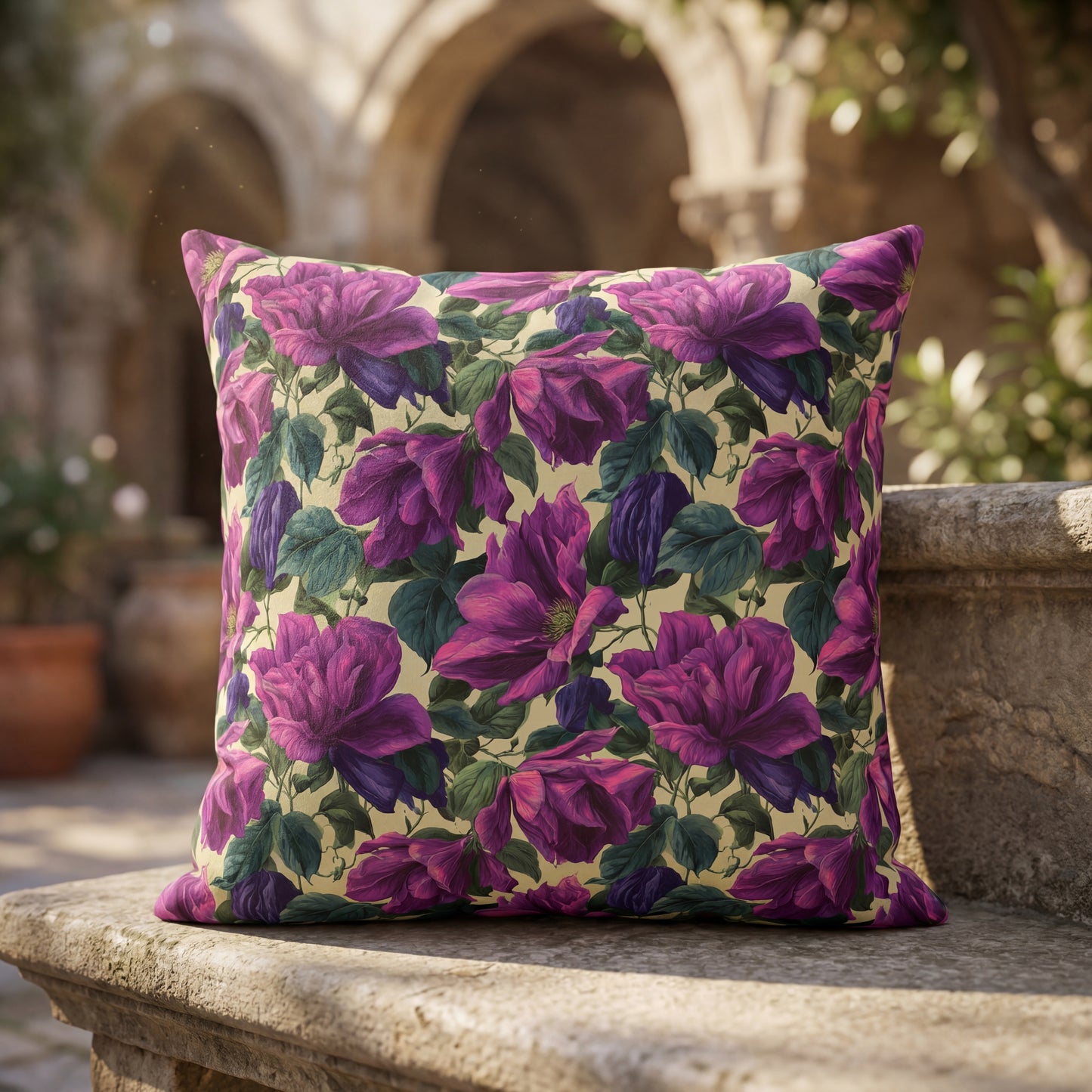 Outdoor Pillow Purple Clematis Cream | Romantic Botanical Patio Cushion