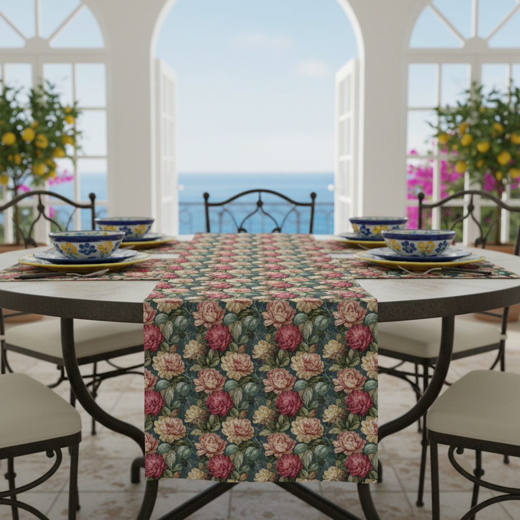 Dining table with floral table runner in a bright room with large windows overlooking the ocean.