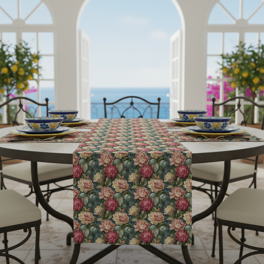 Dining table with floral table runner in a bright room with large windows overlooking the ocean.