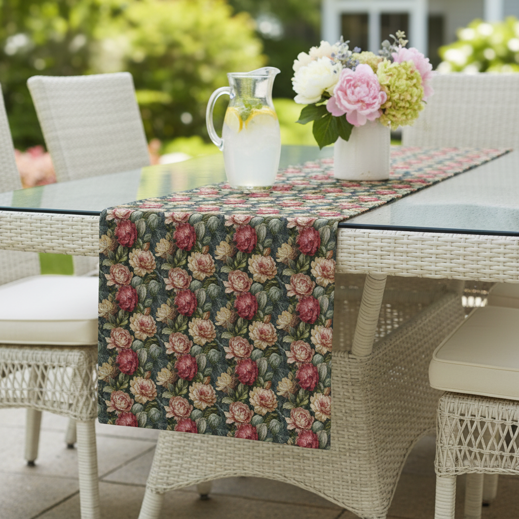 Rococo Cactus Bloom Table Runner | Dark Teal Floral | Mediterraluxe Cactus Collection