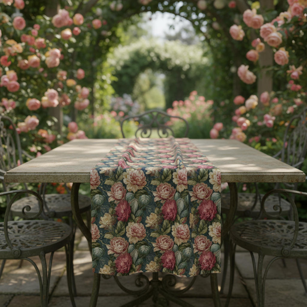 Rococo Cactus Bloom Table Runner | Dark Teal Floral | Mediterraluxe Cactus Collection