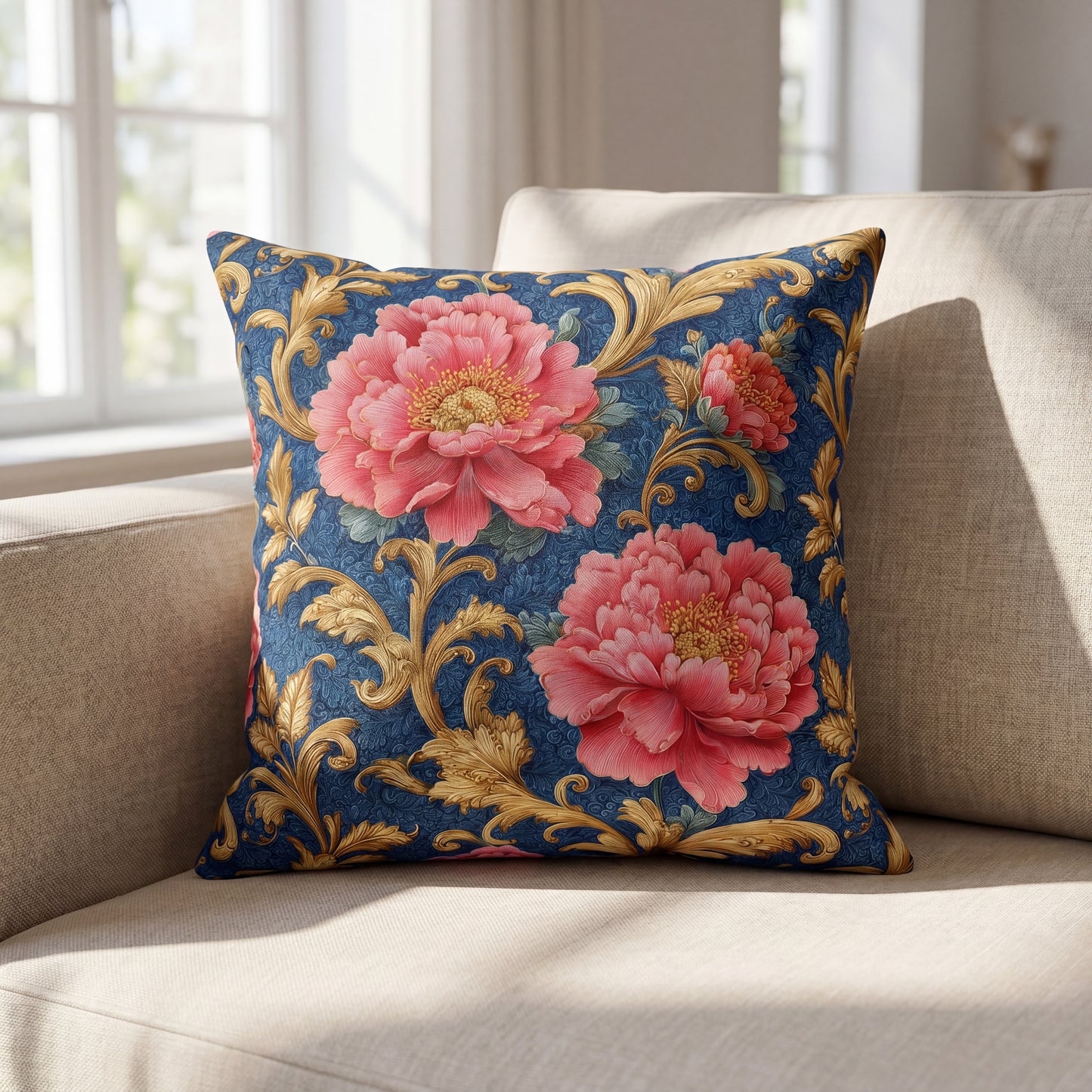Luxury Baroque Throw Pillow  Garden Coral Peony Floral