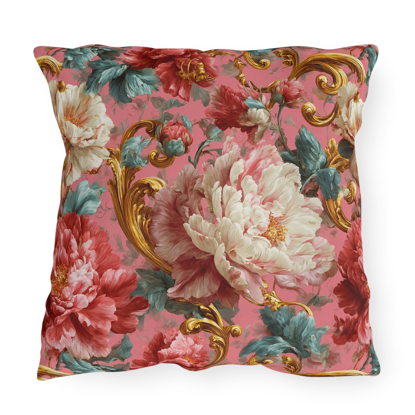 Outdoor Pillow Pink Baroque Peony Floral | Rococo Gold Scroll Garden Cushion | Patio Decor Gift