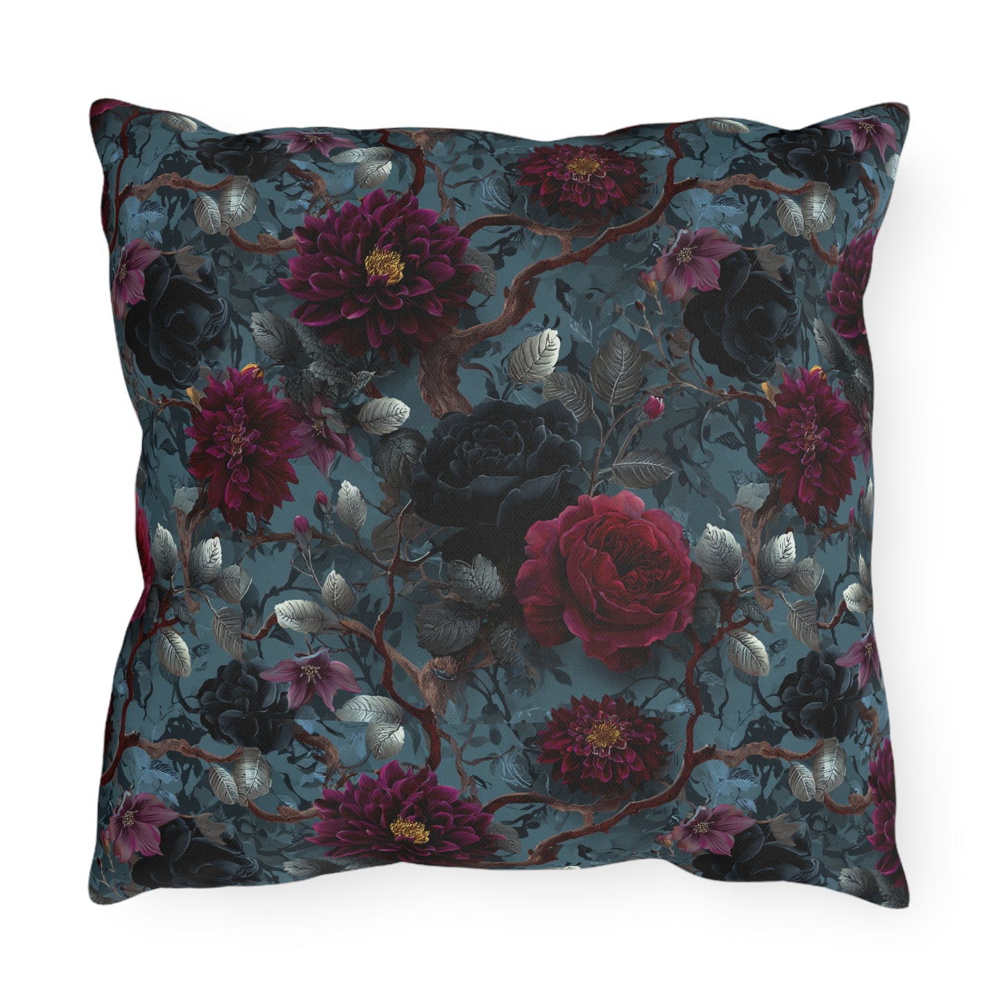 Dark Romantic Roses Outdoor Pillow | Moody Floral Pattern, Garden Decor