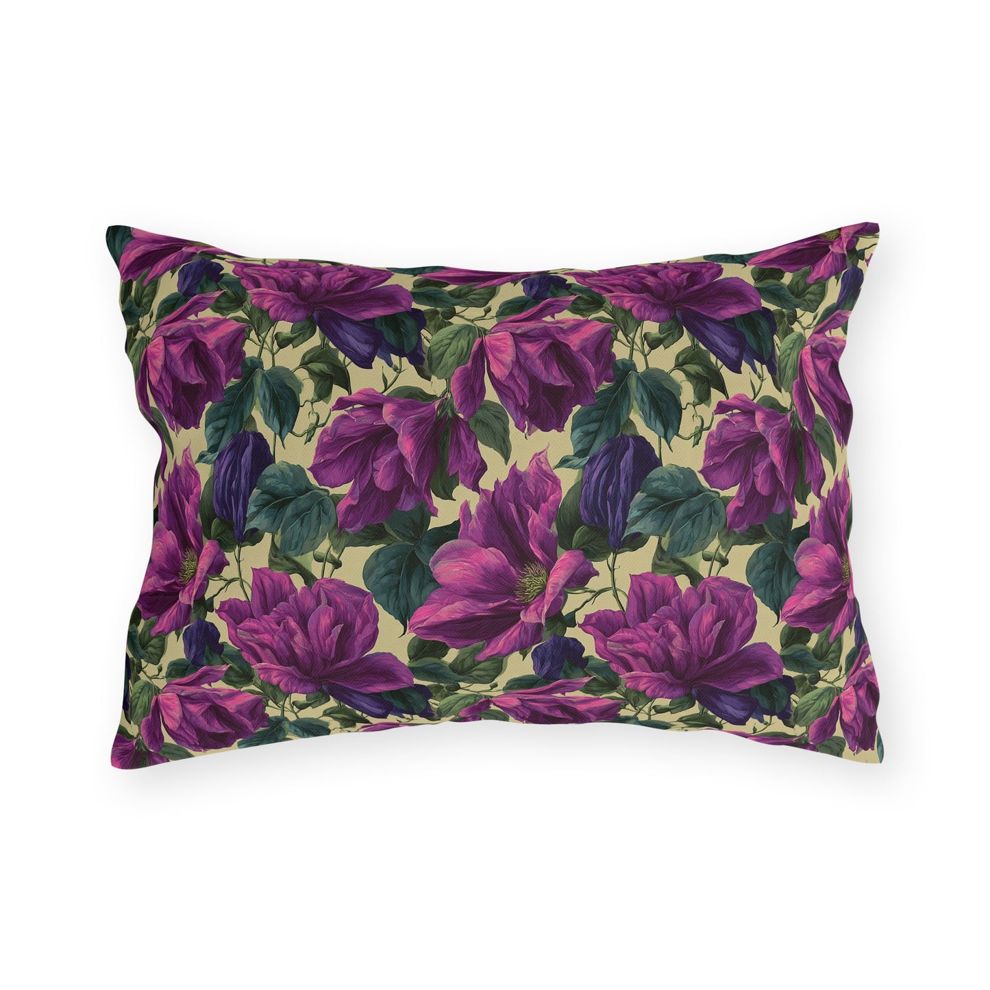 Outdoor Pillow Purple Clematis Cream | Romantic Botanical Patio Cushion