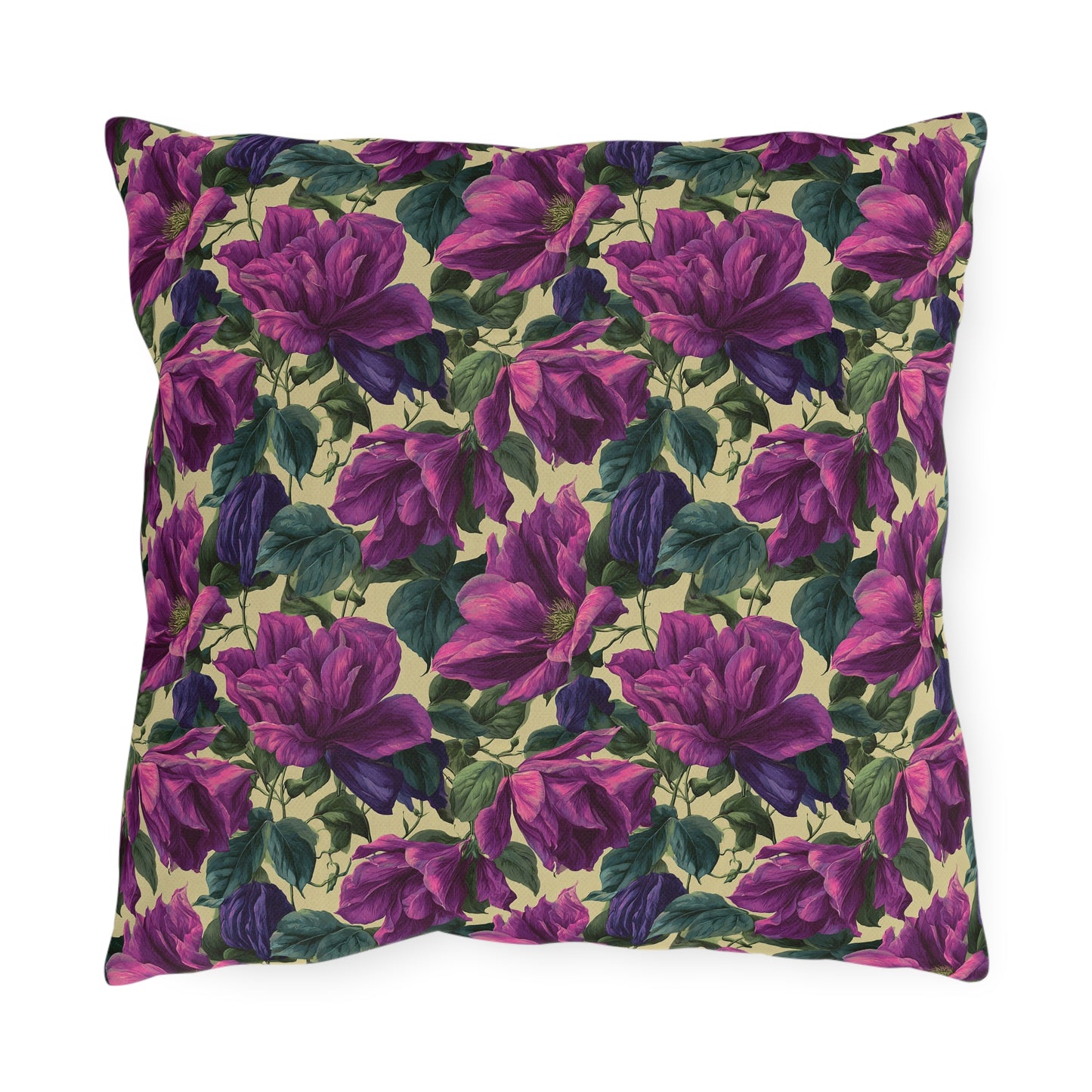 Outdoor Pillow Purple Clematis Cream | Romantic Botanical Patio Cushion