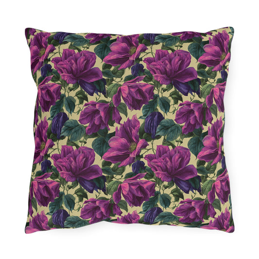 Outdoor Pillow Purple Clematis Cream | Romantic Botanical Patio Cushion