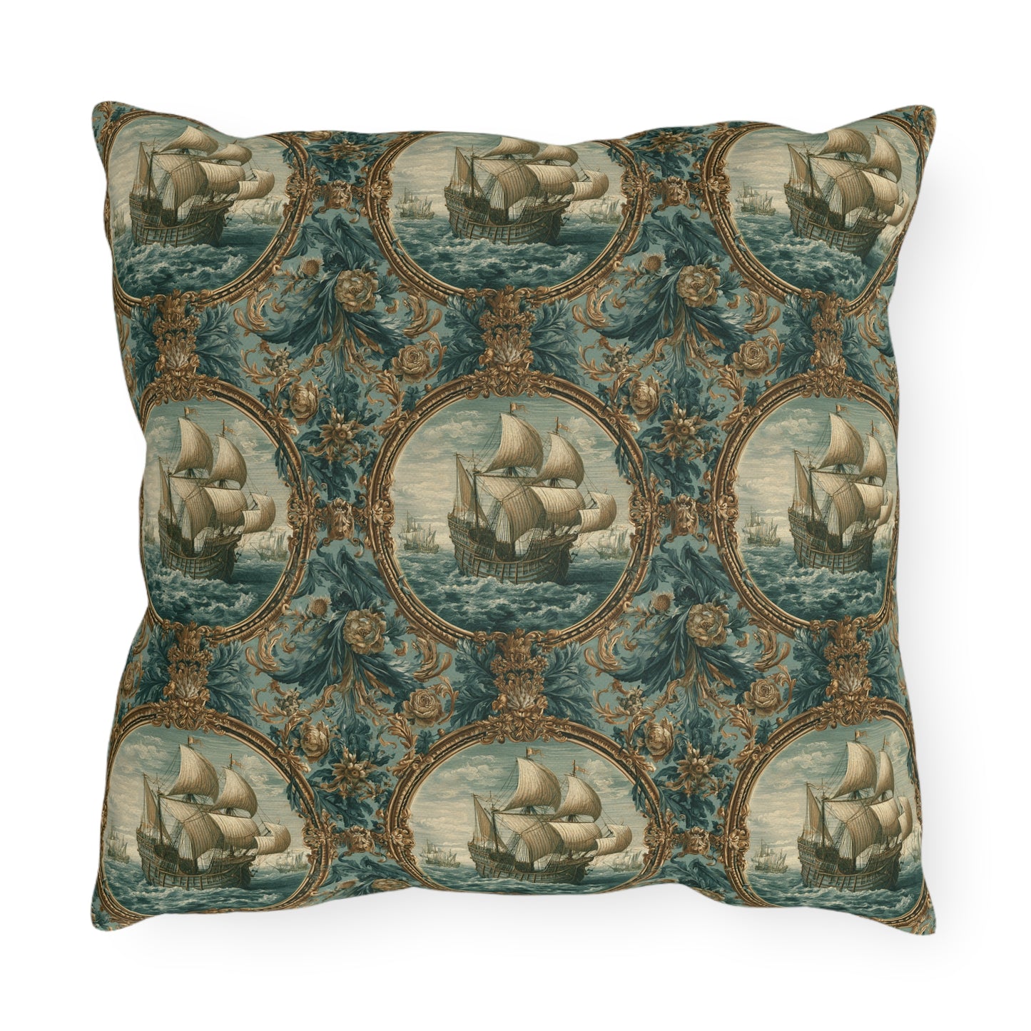 Outdoor Pillows Baroque Nautical Medallion | Old World Decor | Coastal Patio Cushion