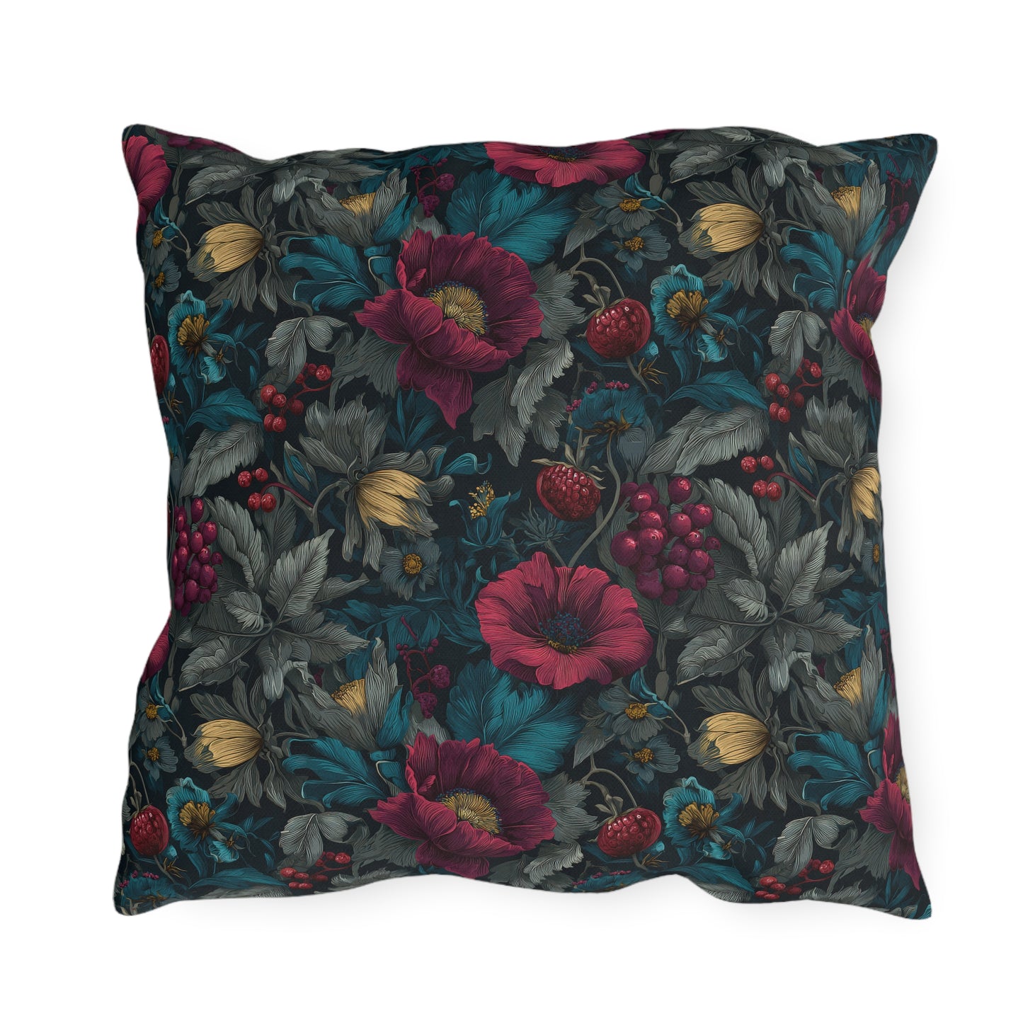 Outdoor Pillow Burgundy Poppy Teal Floral | Gothic Botanical Garden Decor