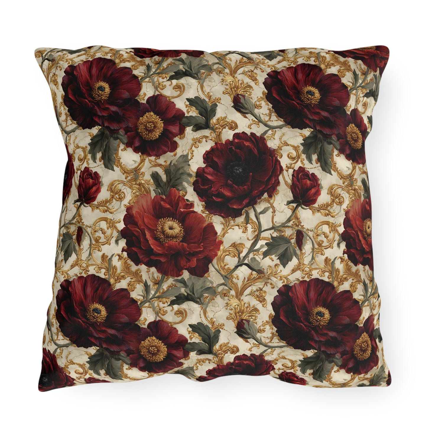 Outdoor Pillow Crimson Poppy Gold Baroque | Grandmillennial Garden Cushions