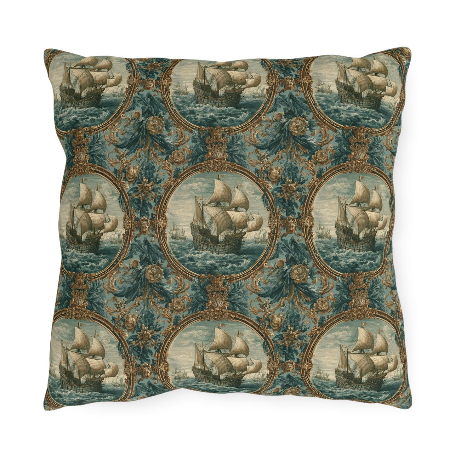 Outdoor Pillows Baroque Nautical Medallion | Old World Decor | Coastal Patio Cushion