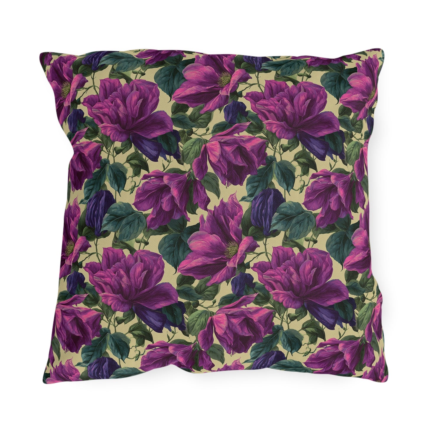 Outdoor Pillow Purple Clematis Cream | Romantic Botanical Patio Cushion