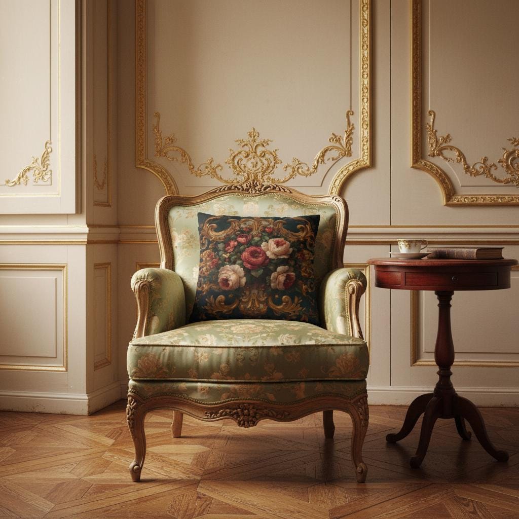 Baroque Rose Floral Pillow on Dark Teal – Rococo Gold Scroll Cushion, Victorian Peony Decorative Pillow, Grandmillennial Luxury Décor