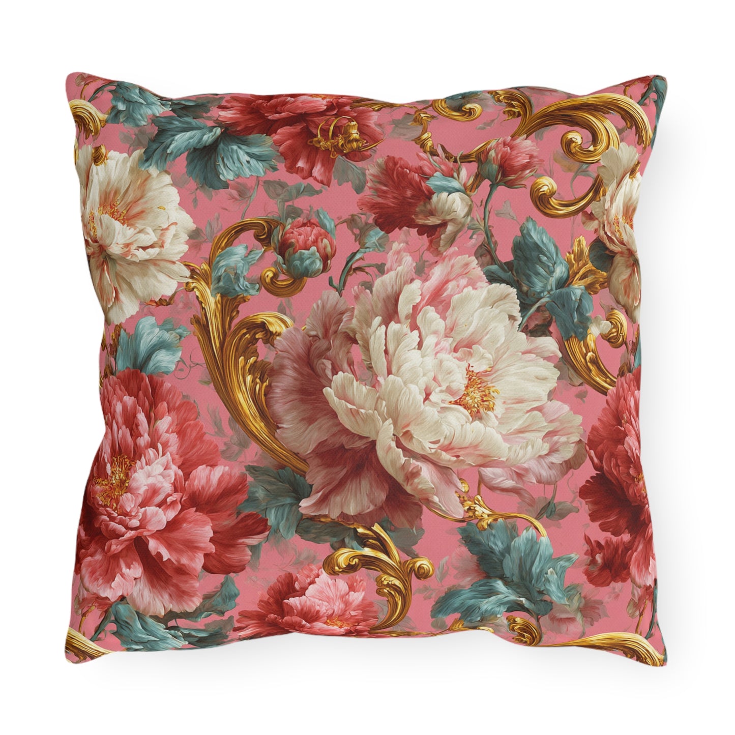 Outdoor Pillow Pink Baroque Peony Floral | Rococo Gold Scroll Garden Cushion | Patio Decor Gift