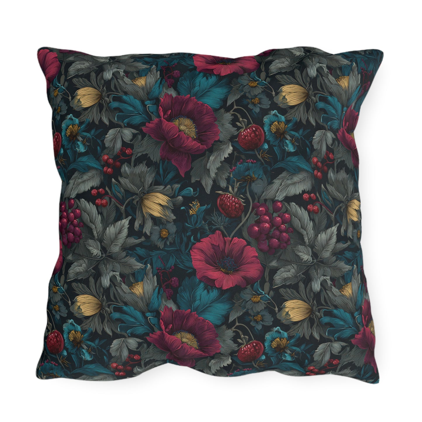 Outdoor Pillow Burgundy Poppy Teal Floral | Gothic Botanical Garden Decor