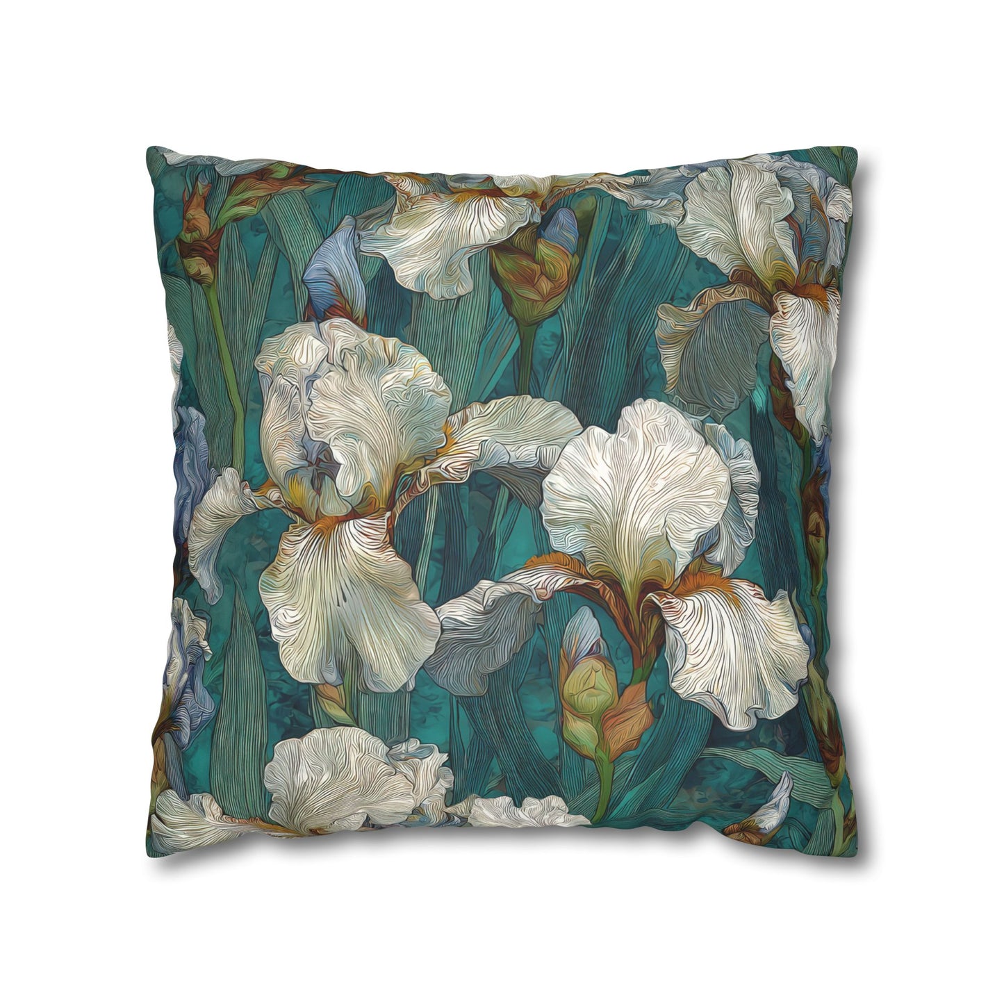 Cushion Cover Iris Garden Faux Suede Pillowcase Teal Floral Square Throw Pillow Cover