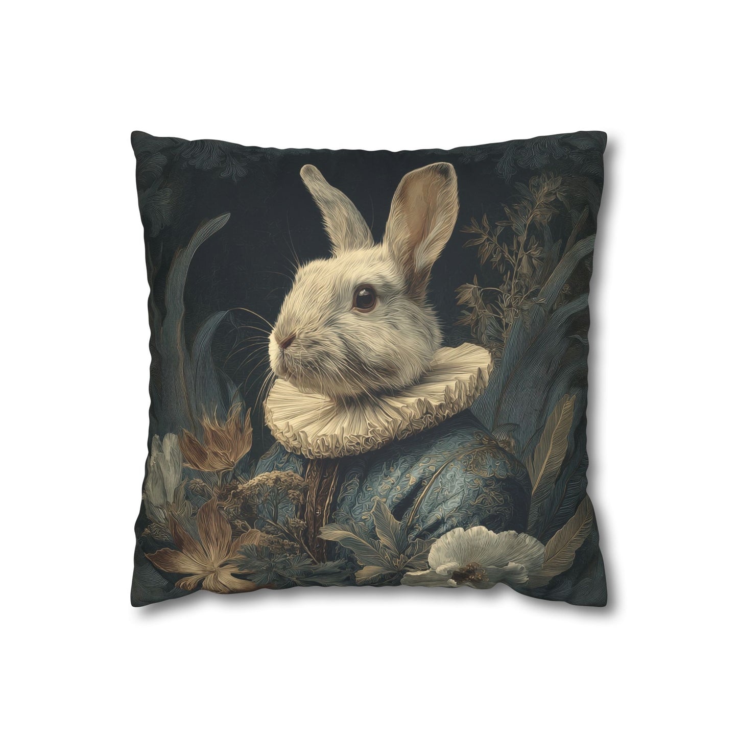A square throw pillow featuring a vintage-style anthropomorphic portrait of a white rabbit dressed in a pleated Elizabethan ruff collar and a blue patterned jacket. The rabbit is surrounded by muted, fine-lined botanical and floral elements against a dark navy background.
